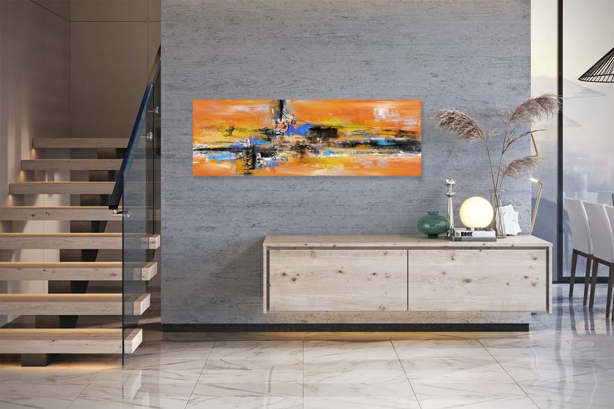 Blue Hand-Painted Black - oversized canvas painting for bedroom